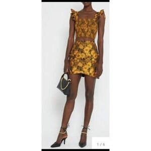Kourt Floral Print Smocked Crop Top & Mini Skirt Set Gold and Black Size S